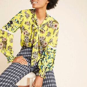 Anthropologie Varun Bahl Vibrant Yellow Floral Neck Tie Blouse Women’s Small